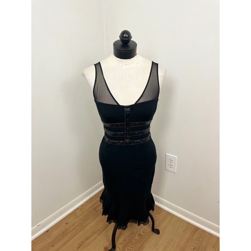 Bebe Gothic Harness Bodycon Dress Womens 6 Black Mesh Grommet Edgy Midi